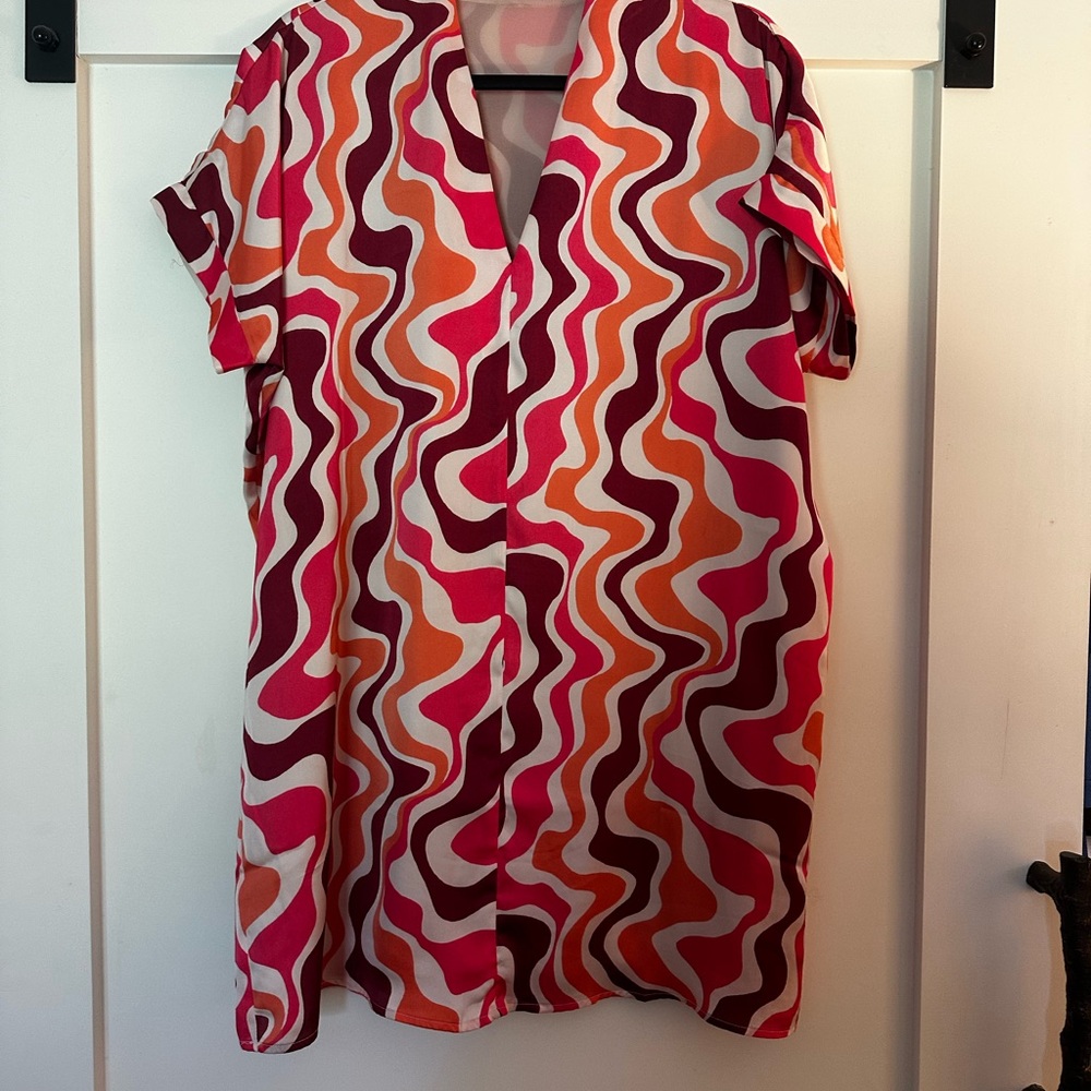 Karlie Pink and Orange Graphic Blouse with Notched Collar